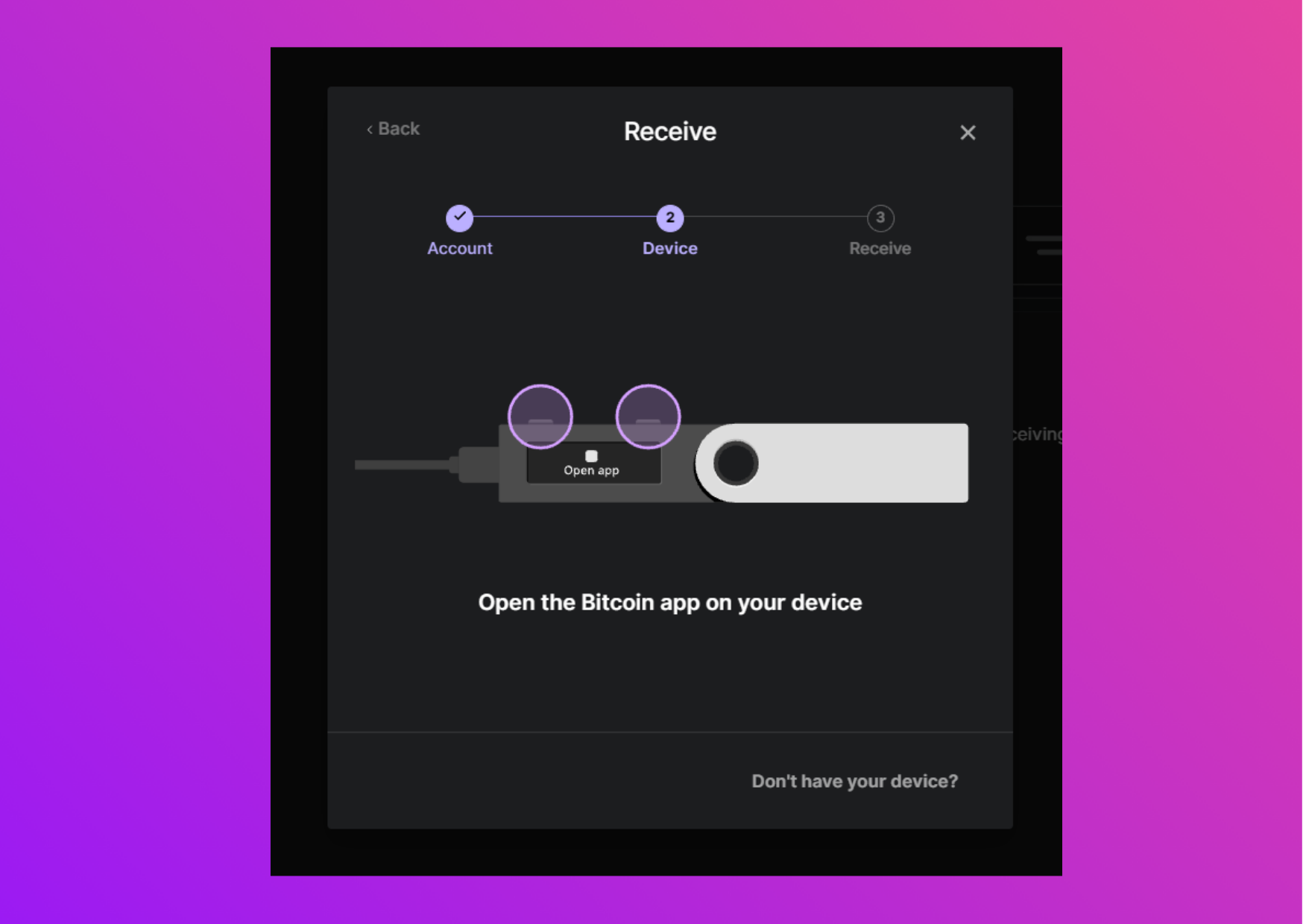 Screenshot Ledger Live asking you to open the bitcoin app 