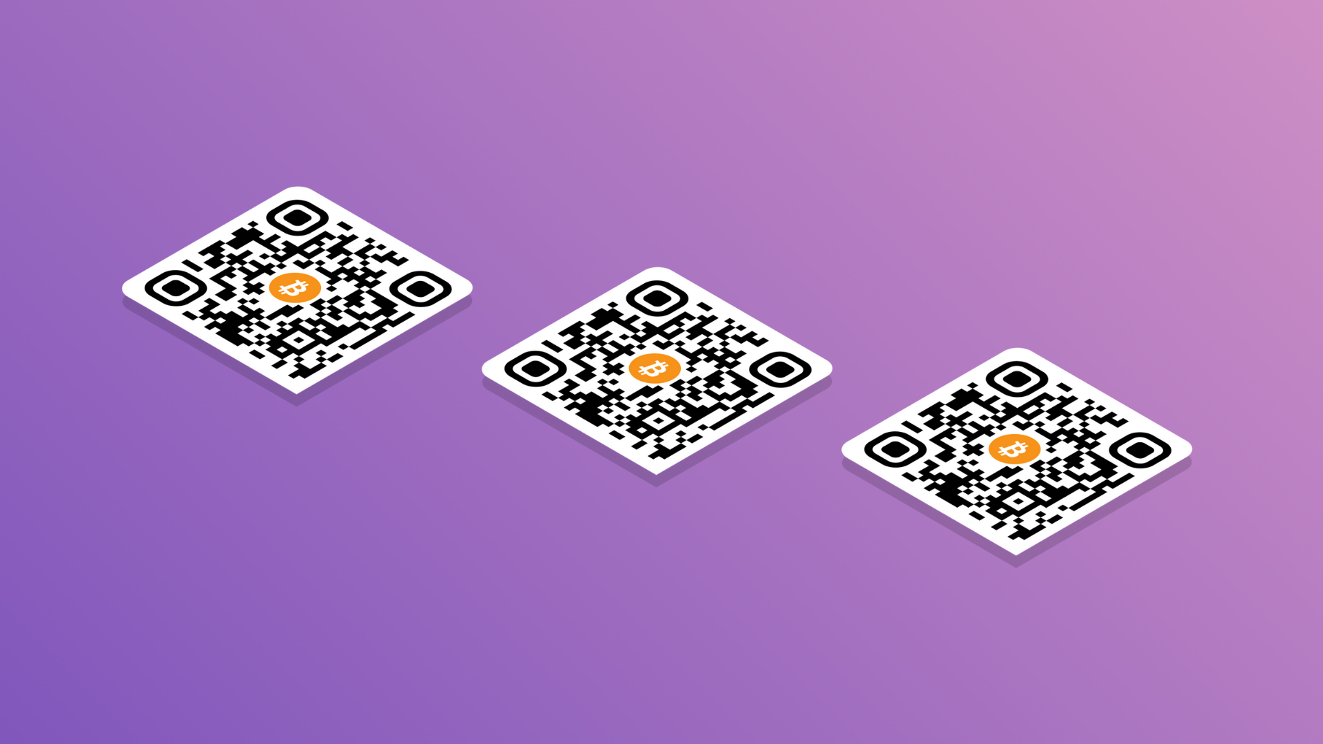 three aligned qr codes with bitcoin addresses on them