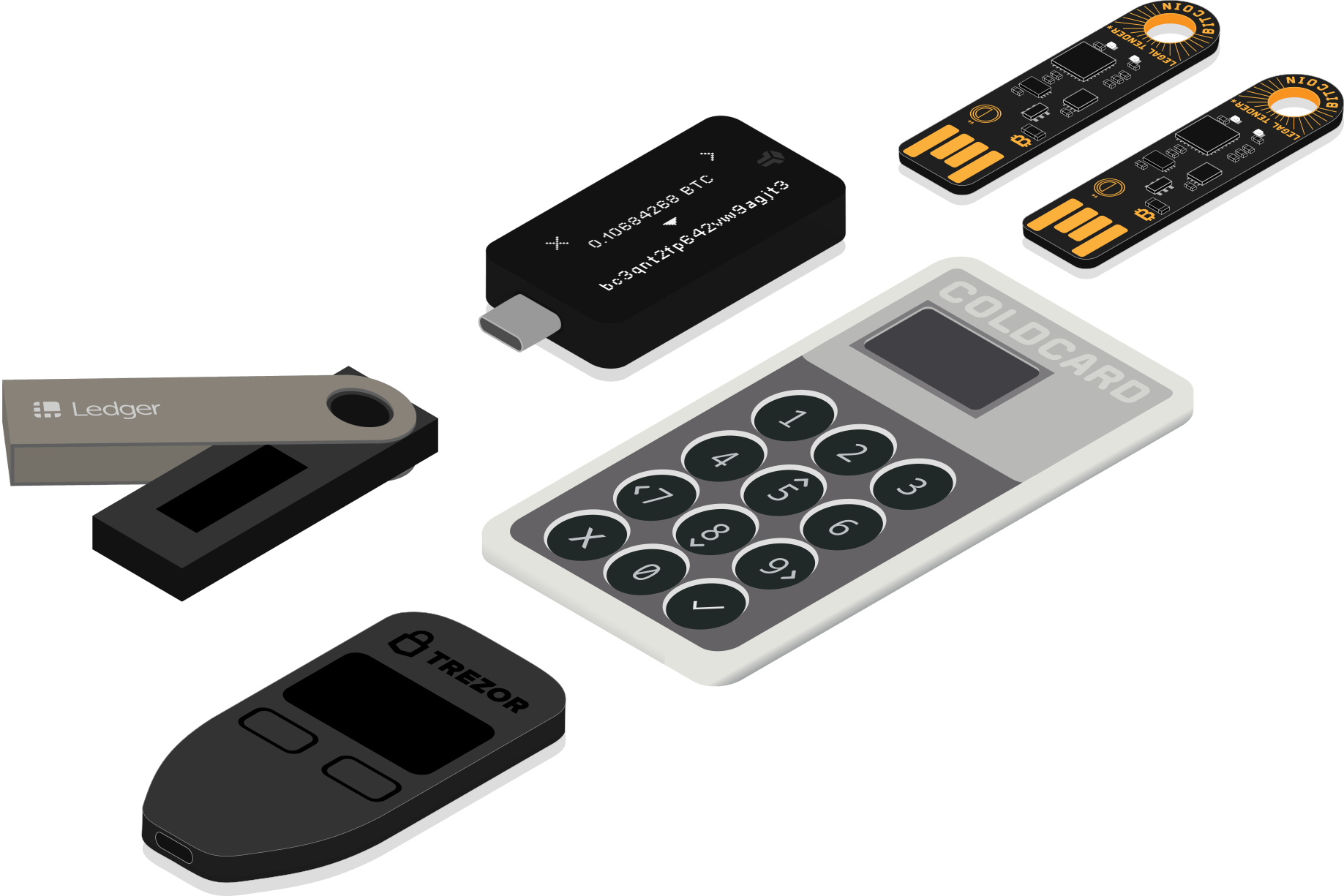 bitcoin hardware wallets (from left to right: trezor one, ledger nano s, coldcard mk3, bitbox02, two opendimes)